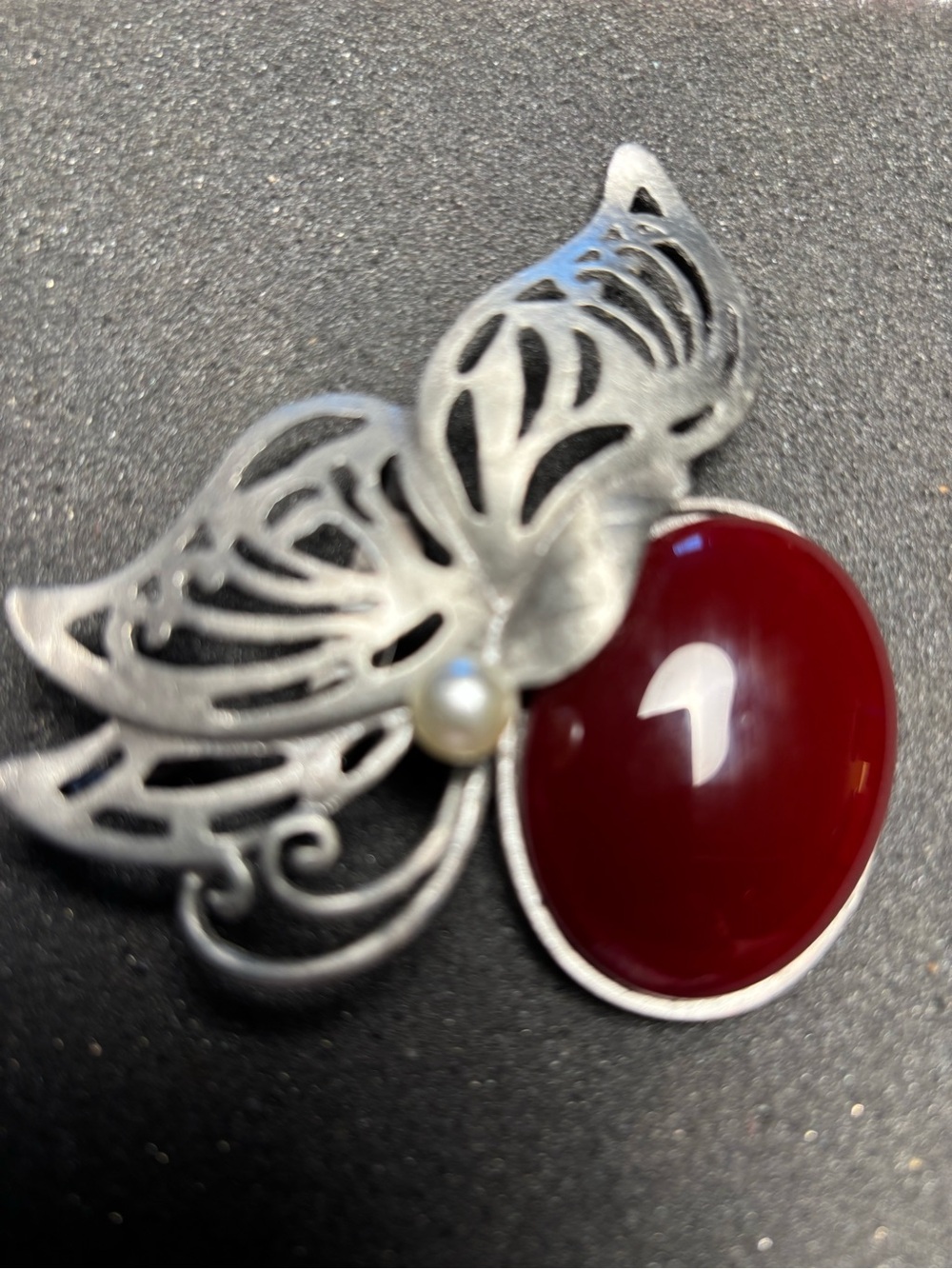 Large Silver Tone Butterfly Brooch/pendant with Deep Red Stone and Pearl Accent